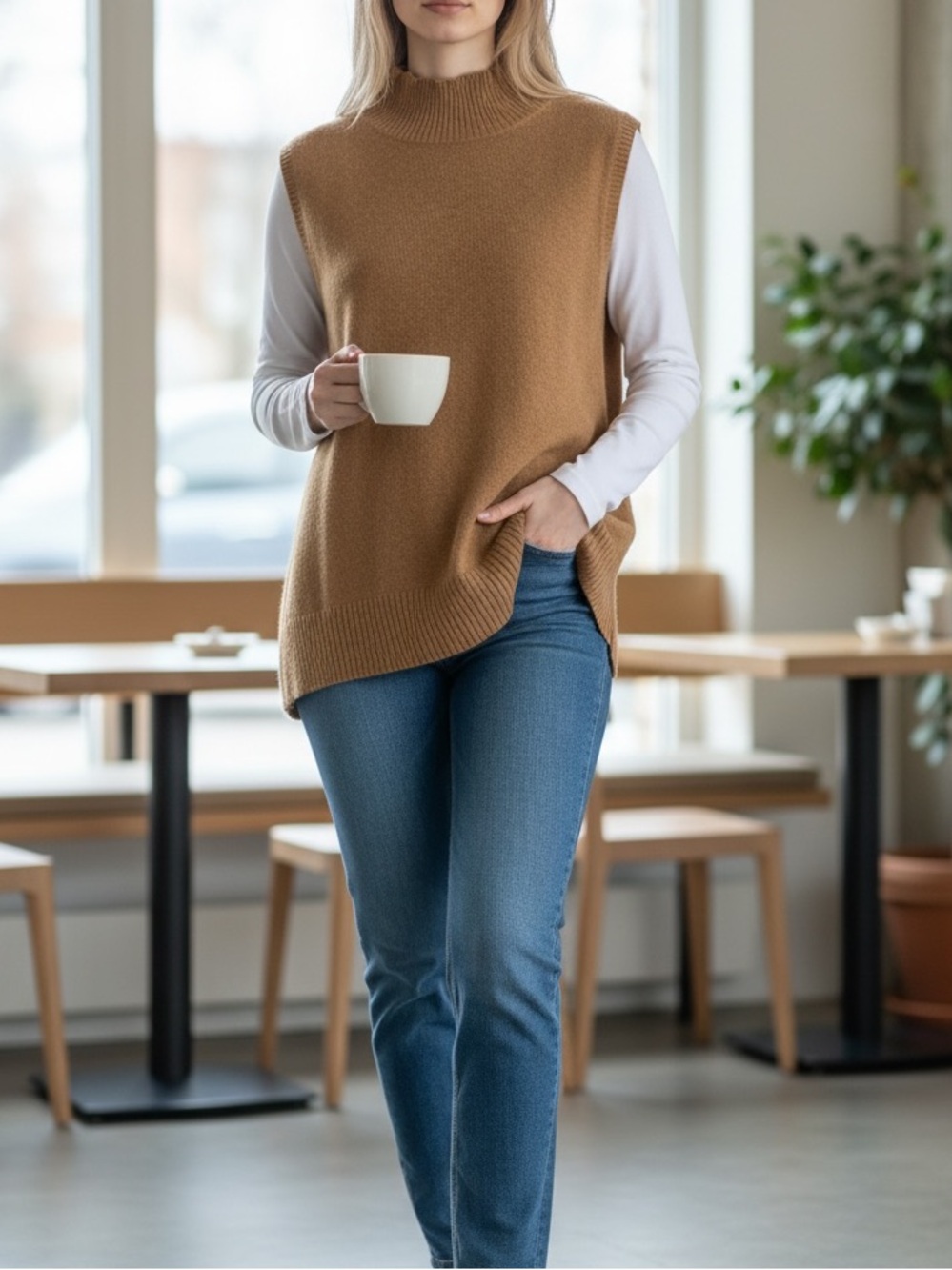 Saks Fifth Avenue Camel Cashmere Sleeveless Turtleneck Knit Vest